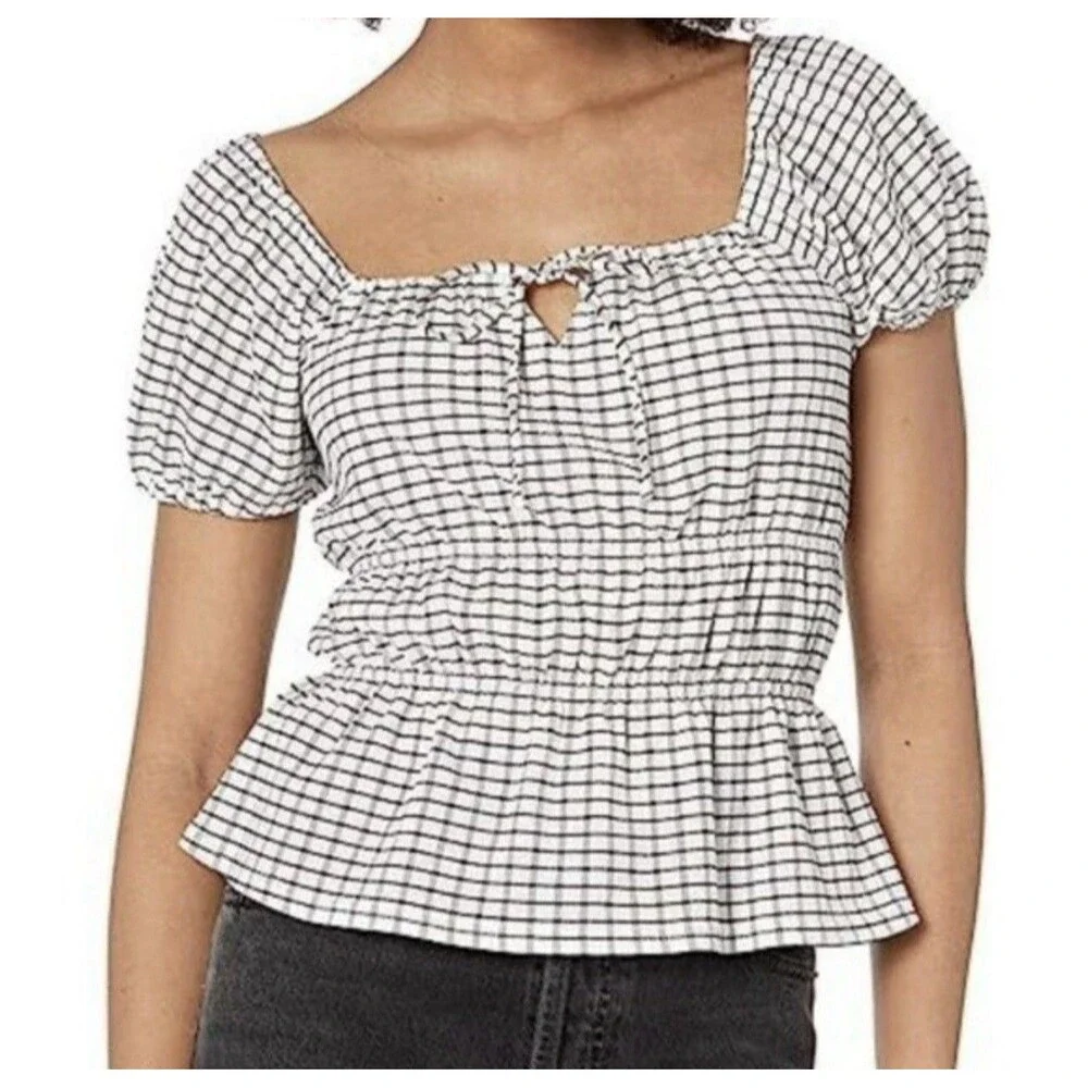 Madewell Women's Omaha Tier Top White Black Gingham Peplum Short Sleeve Size L